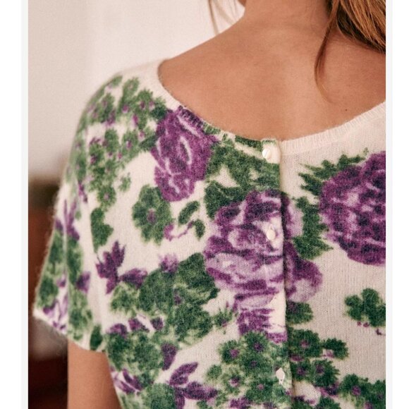 BEST Sezane Adriana Cardigan Violet Green Flowers French Knit Sweater Mohair - Picture 4 of 12